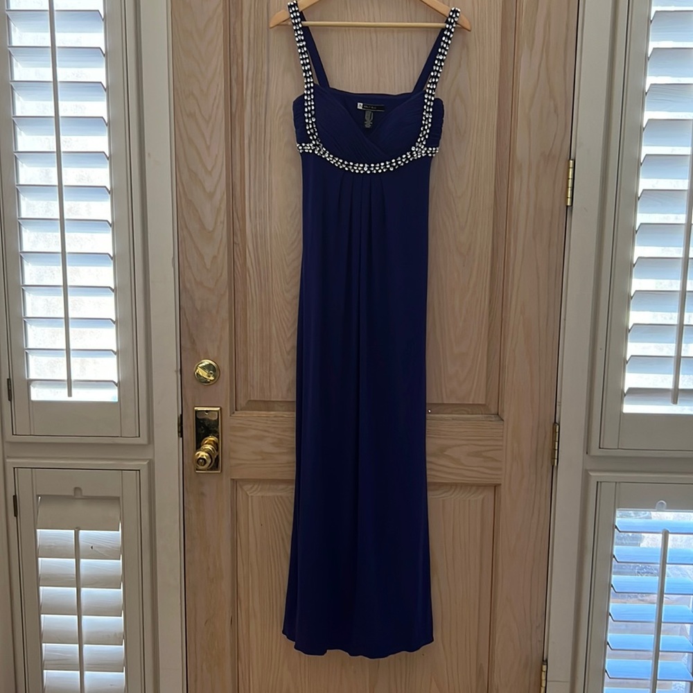JS Boutique: Royal blue evening gown with rhinestone trim; size 8 - Picture 5 of 11